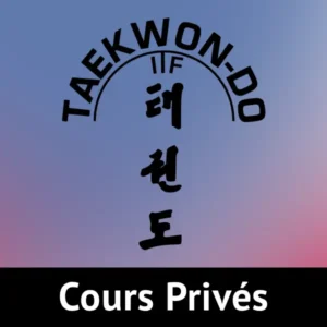 Taekwondo logo with arching 'TAEKWON-DO' text, vertical Korean characters in the center, on a blue-to-pink gradient background, and a black banner at the bottom reading 'Cours Privés'