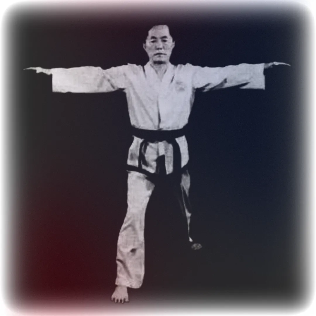 General Choi Hong Hi, the founder of Taekwon-Do, in a white Dobok, arms extended horizontally in a walking stance.